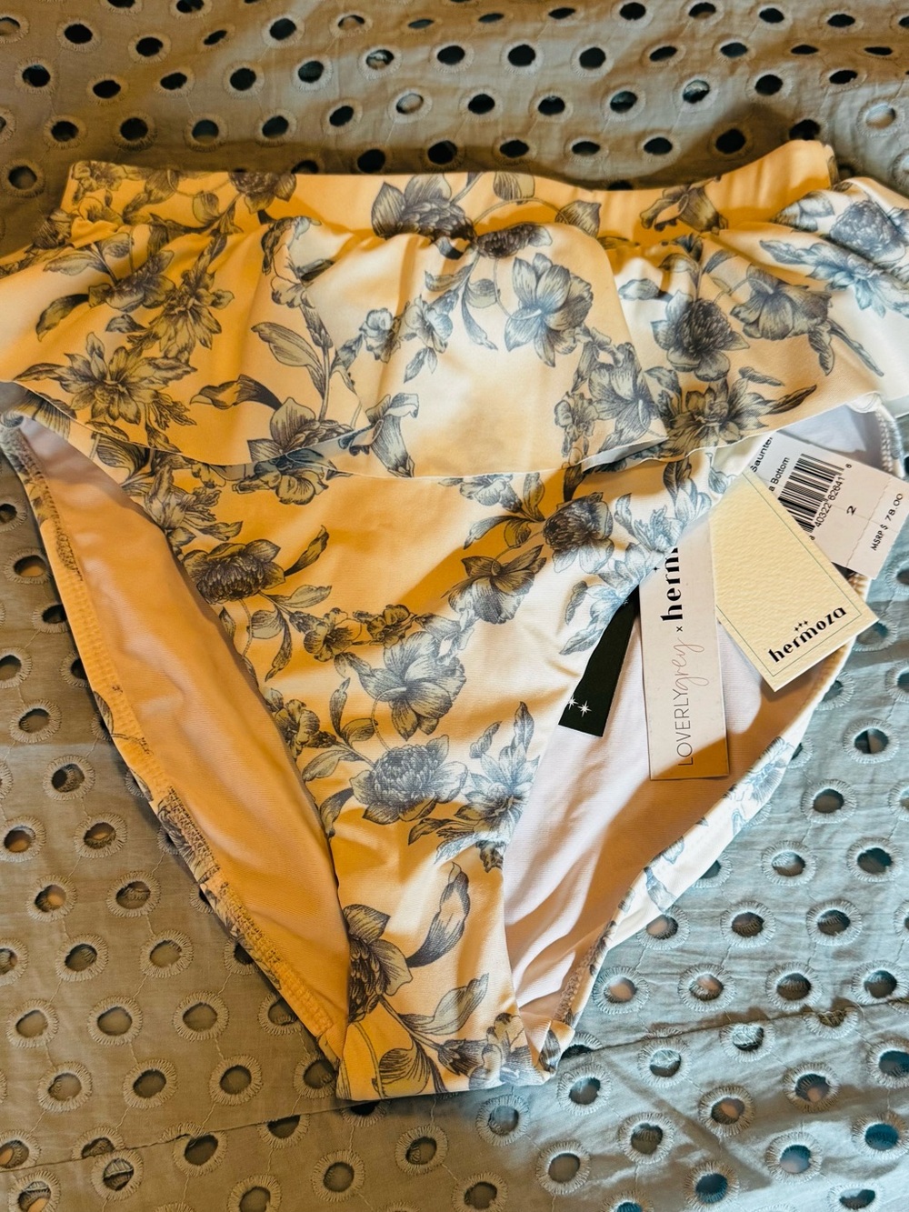 Hermoza Yellow Floral Bikini Bottoms with Blue Floral Print